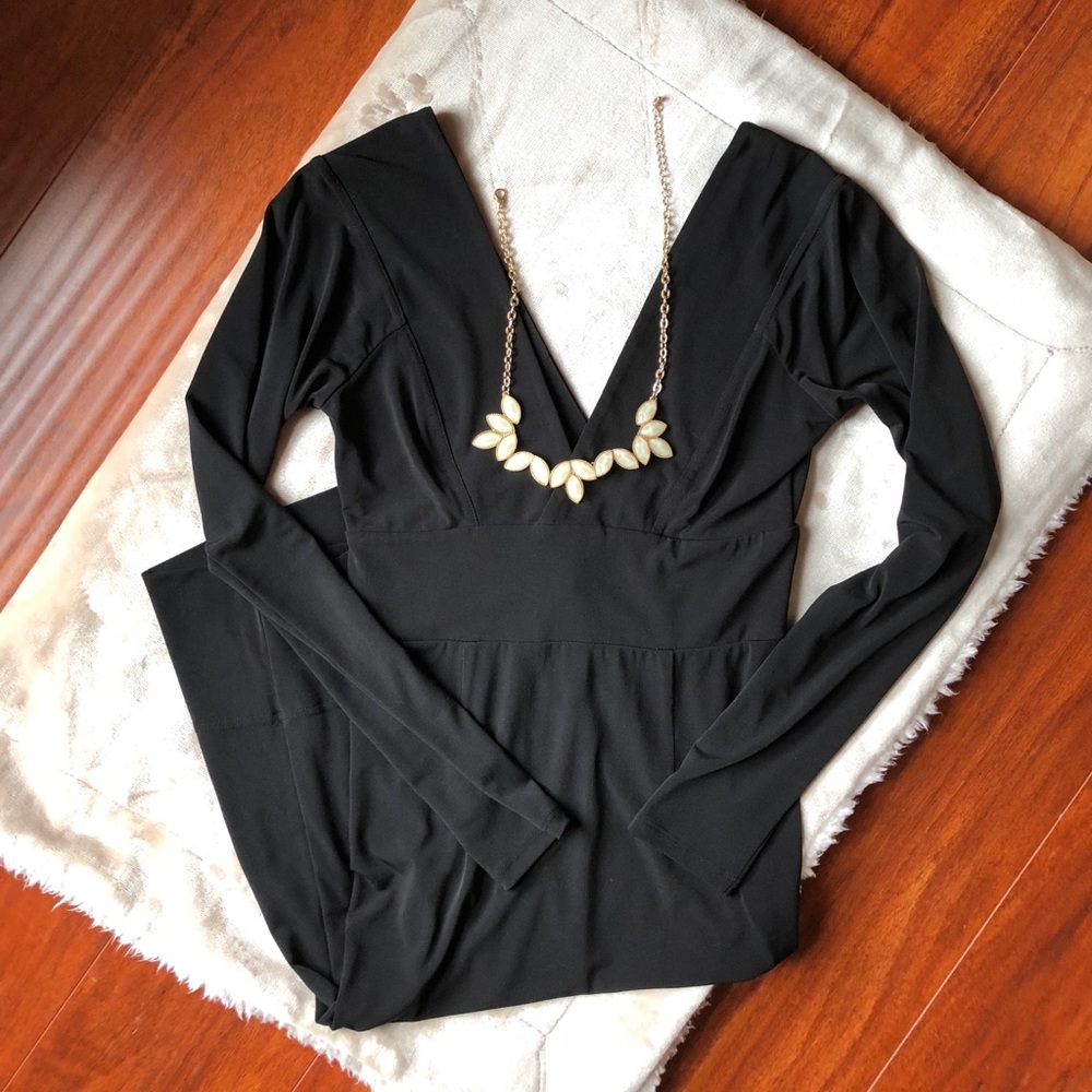 Fitted V Neck Long Sleeve Black Dress - Picture 3 of 3